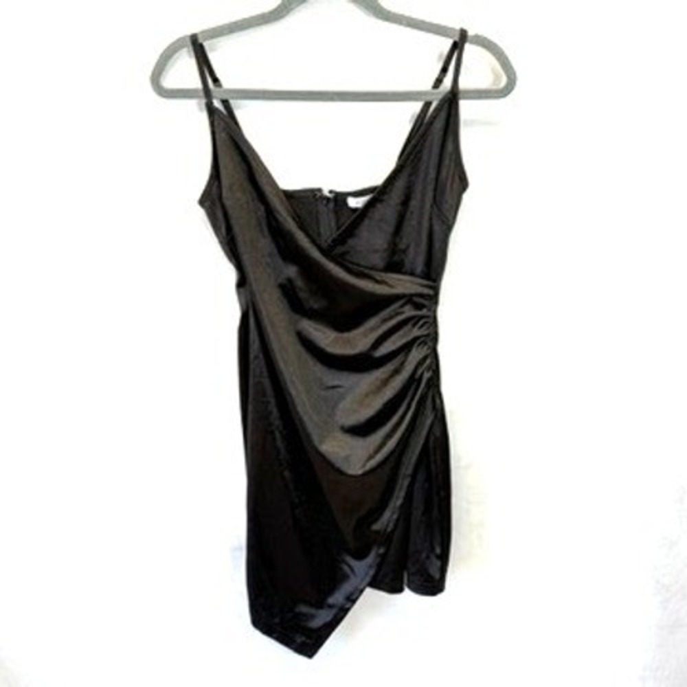 Black Satin Ruched Wrap Mini‎ Dress Asymmetrical Hem V-Neck LBD Y2k fairy grunge